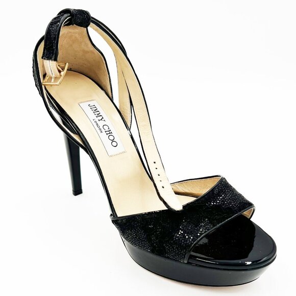 Jimmy Choo London Black Kayden Ankle Strap Sandal 40.5 Leather Suede Glitter - Picture 4 of 14